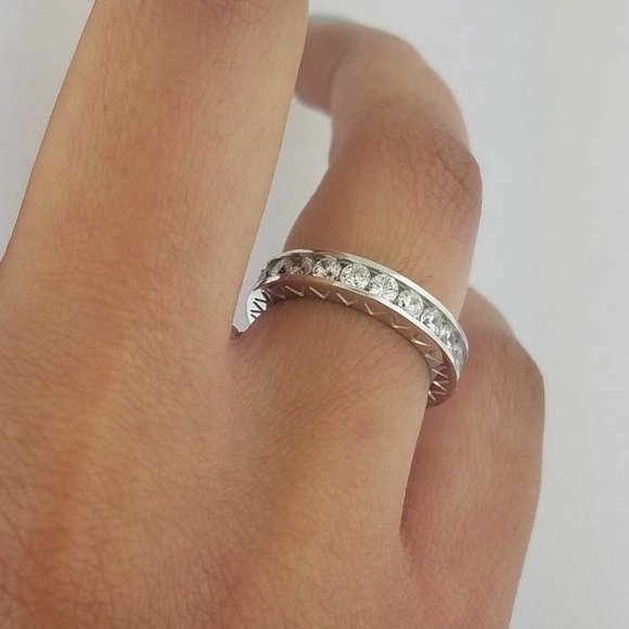 14k Solid White Gold 3.5mm ETERNITY Wedding Band - Picture 3 of 16